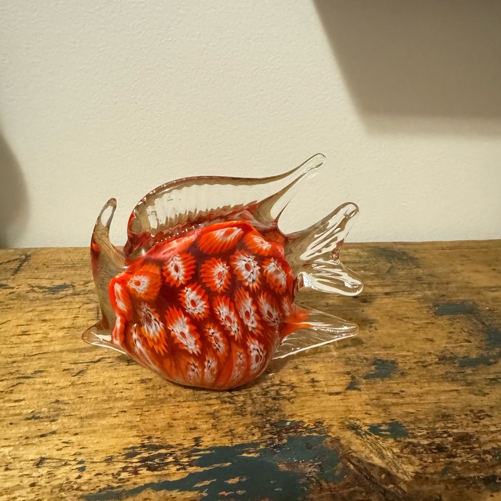 Handcrafted Millefiori Glass Fish Figurine - Red and Clear